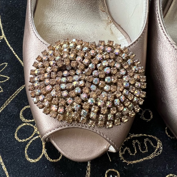 Stuart Weitzman 7 Rhinestone Heels Bronze Slingback Leather Shoes Metallic - Picture 12 of 15